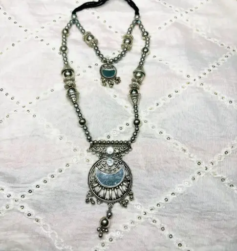 Tribal Double Chain Silver Necklace